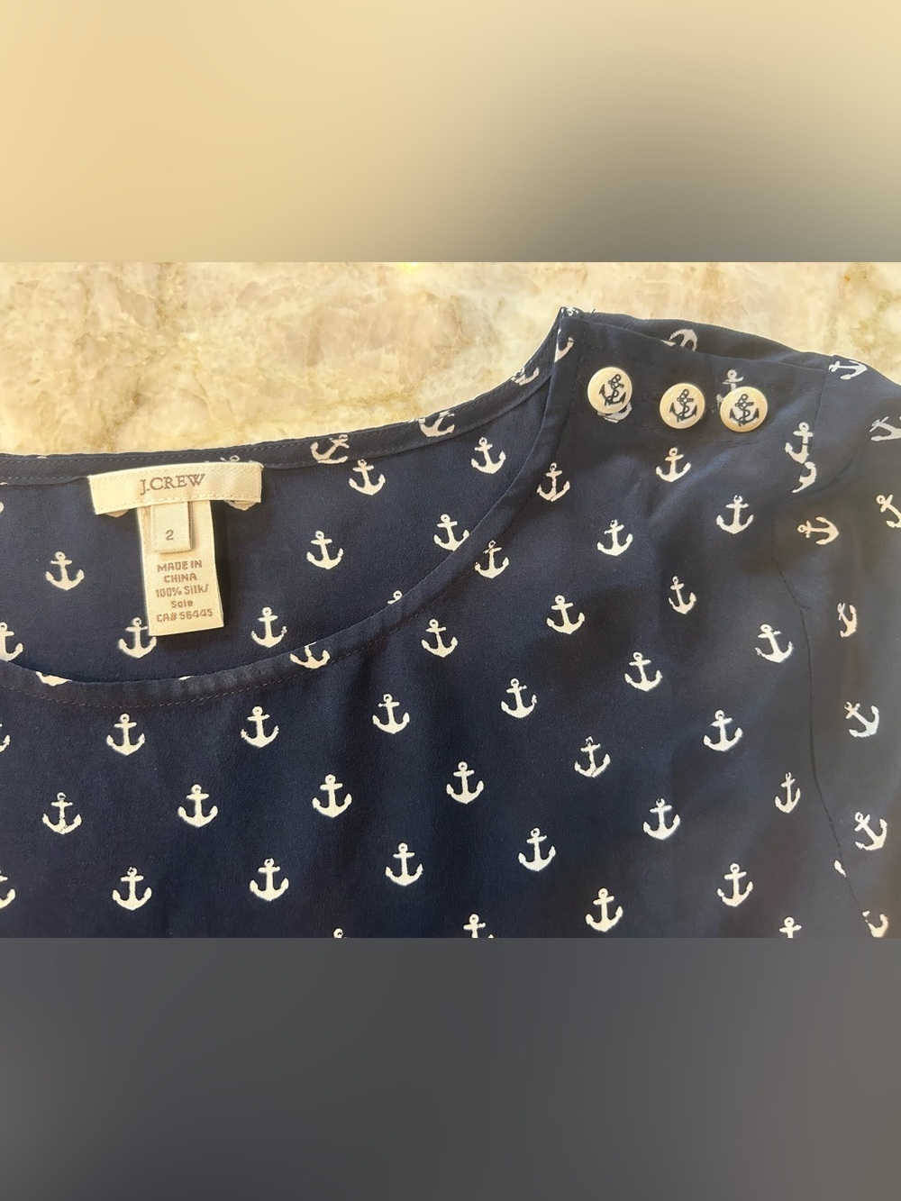 J.Crew Anchors Away 100% Silk Blouse Size 2 Navy Anchor Print Nautical - Picture 2 of 7